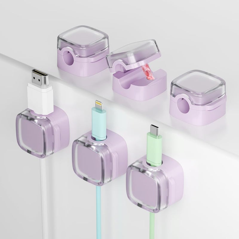 BRAMMH 6-Pack Magnetic Cord Holder, Cord Holder with Strong Magnetic Lid, Holds Cables Firmly, 7 mm Charger Holder & HDMI Cord Organizer Clips, Strong Adhesive Pad (Purple) - Image 1